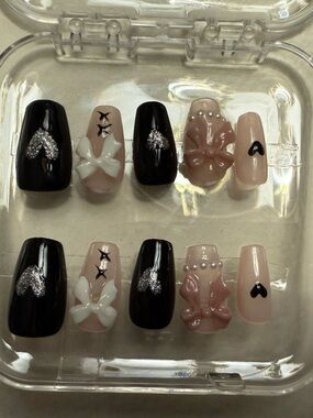 Black and Nude Press-On Nails with Silver Accents